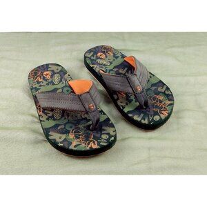 Boys Flip Flop Sandal Green Dinosaur Print Orange Sole Size 1D O'Rangeous Camo